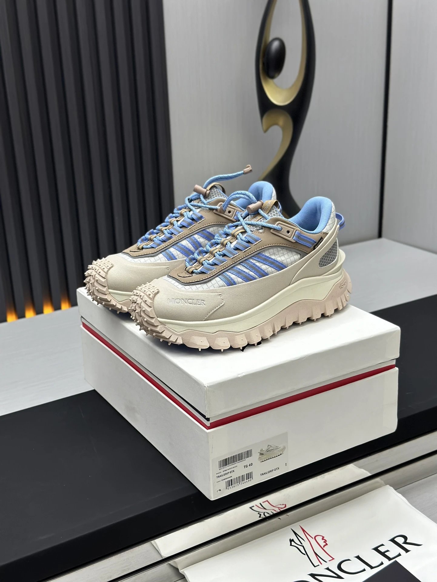 Moncler Trailgrip GTX Beige Sneakers Blue Stripes - Gallery Image 2 - Detailed View