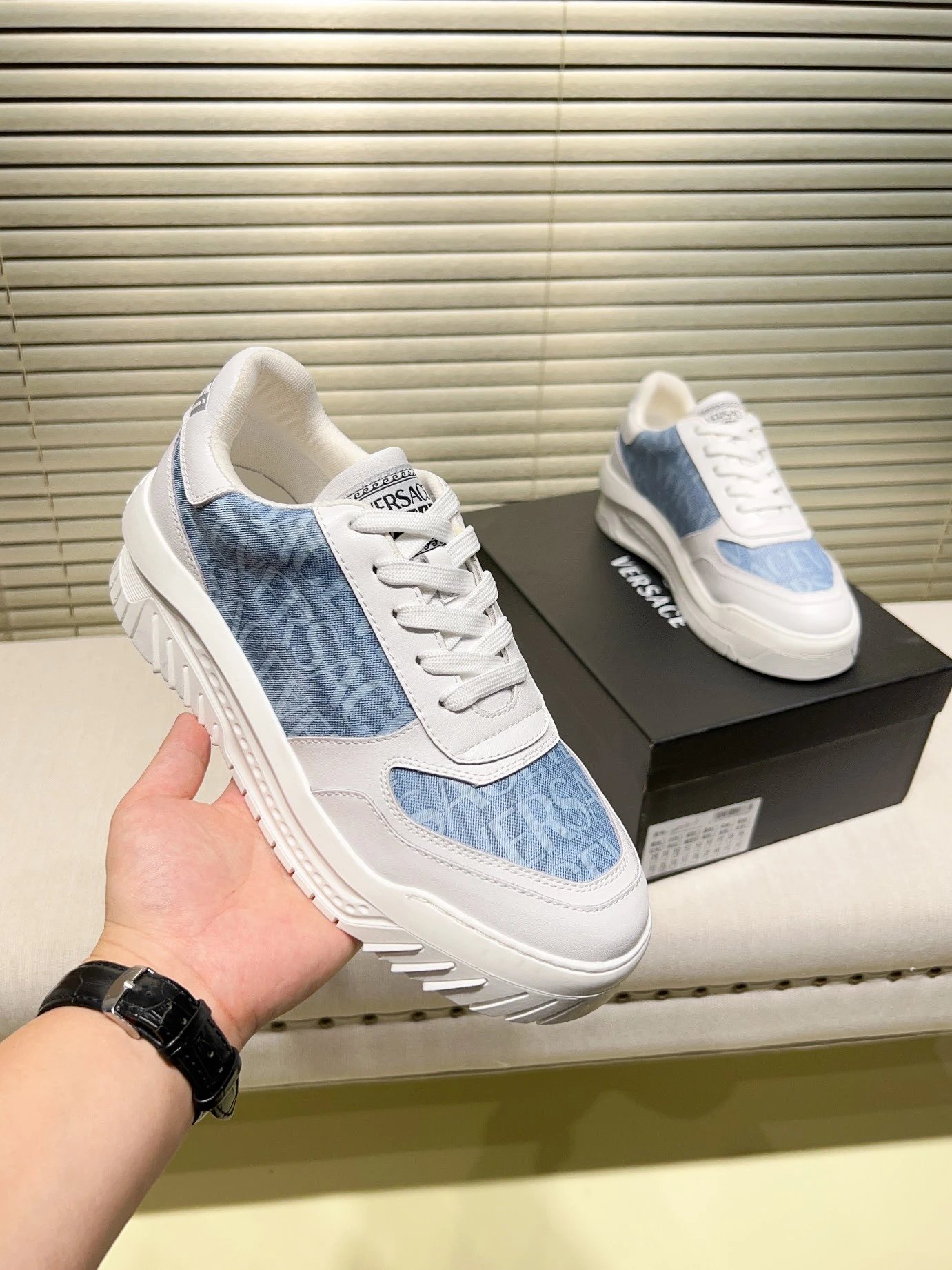 Grace Labyrinth Leather Sneakers Ice Blue - Gallery Image 3 - Detailed View