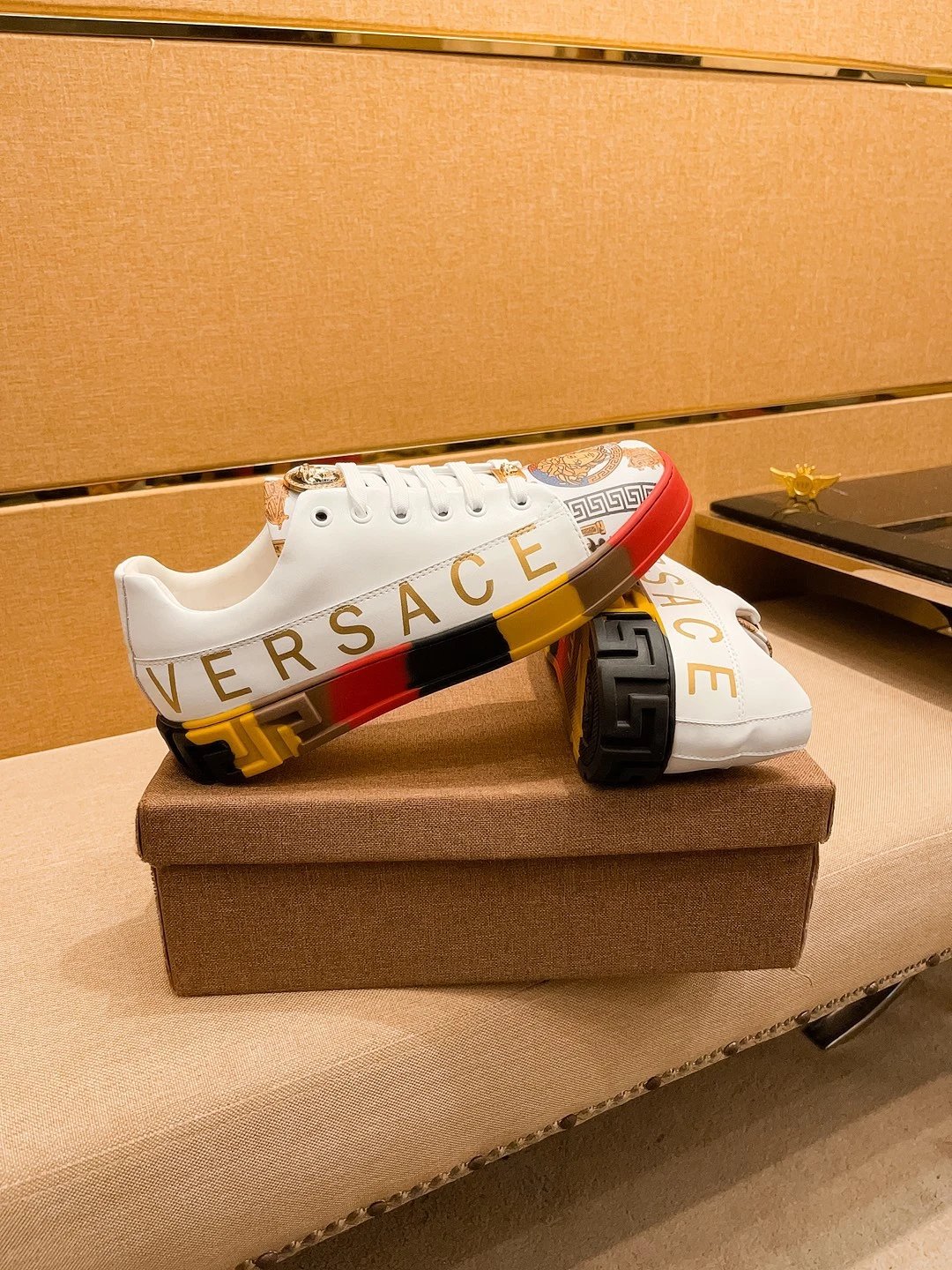 Luxury Leather Low Top Sneakers Multicolor Trim - Gallery Image 2 - Detailed View