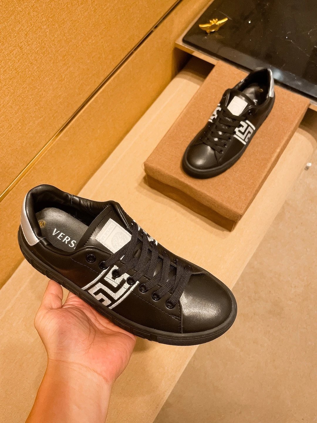 Luxury Leather Sneakers Greek Key Black Silver - Gallery Image 4 - Detailed View
