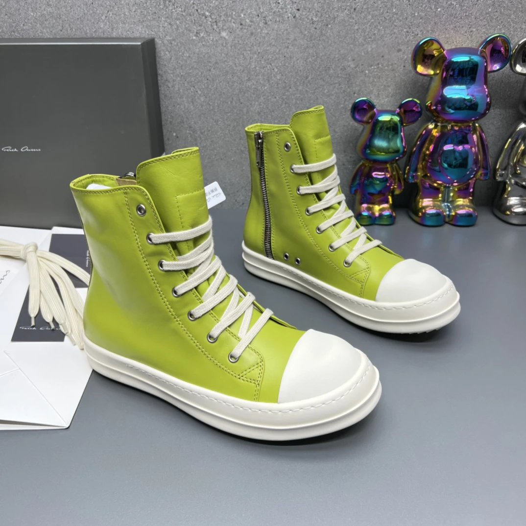 Rick Owens Leather High-Top Sneakers Green - Gallery Image 2 - Detailed View