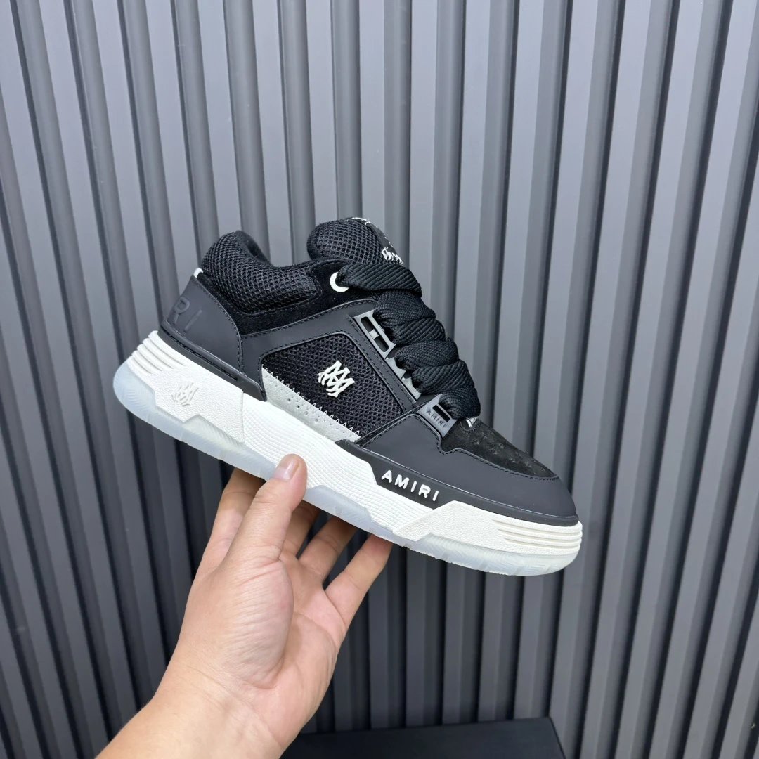 Unisex Leather Mesh Low Top Skate Sneakers Onyx Black - Gallery Image 3 - Detailed View