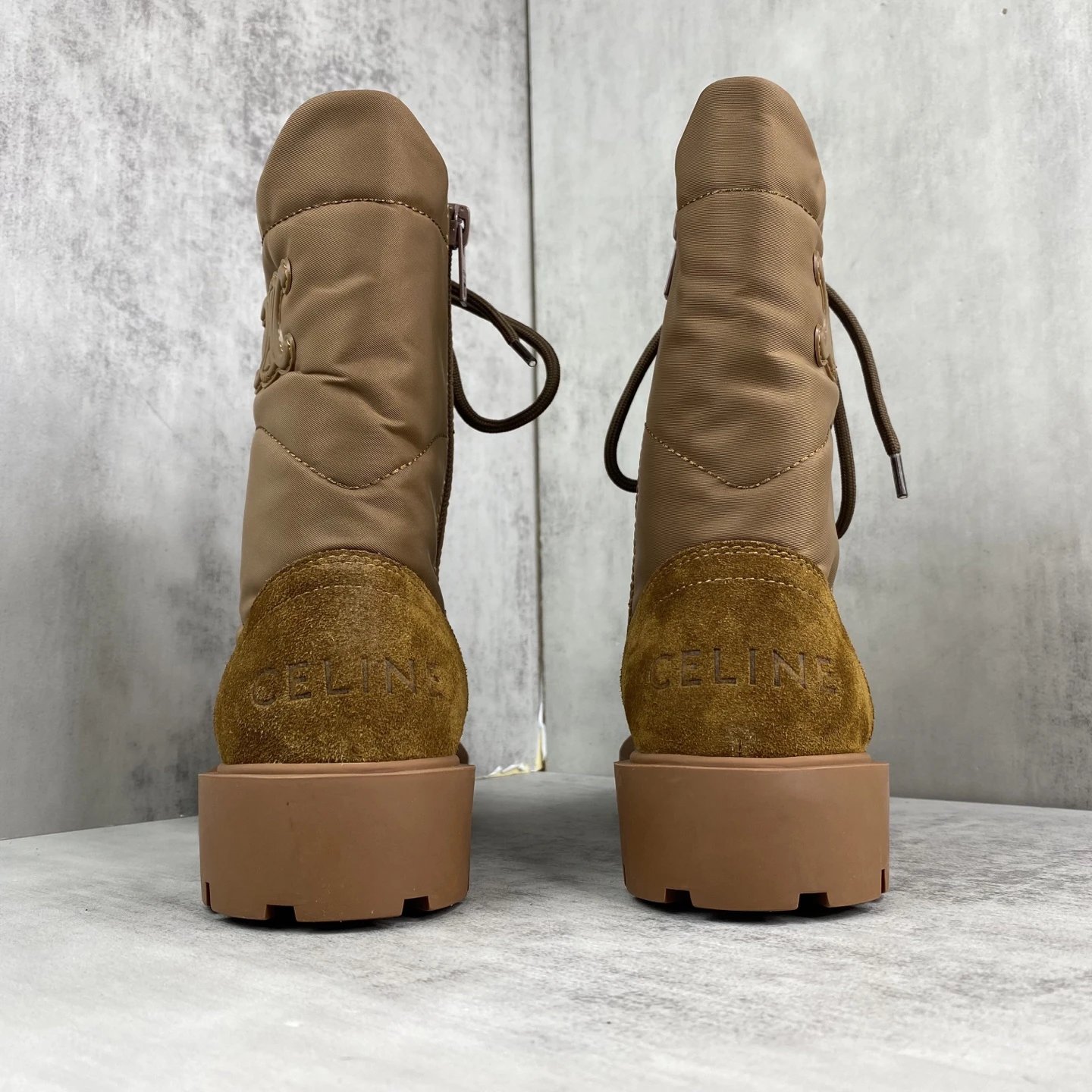 Vintage Calfskin Combat Boots with Arch Logo in Caramel - Gallery Image 5 - Detailed View