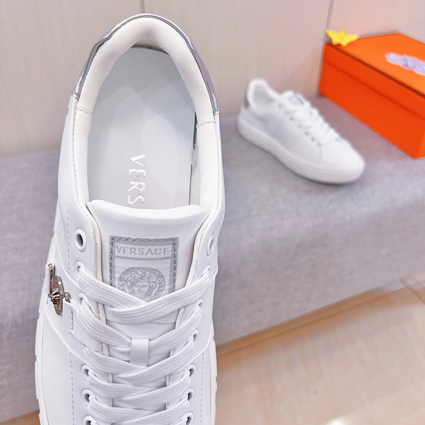 Luxury Leather Low Top Sneakers in Pearl White - Gallery Image 7 - Detailed View