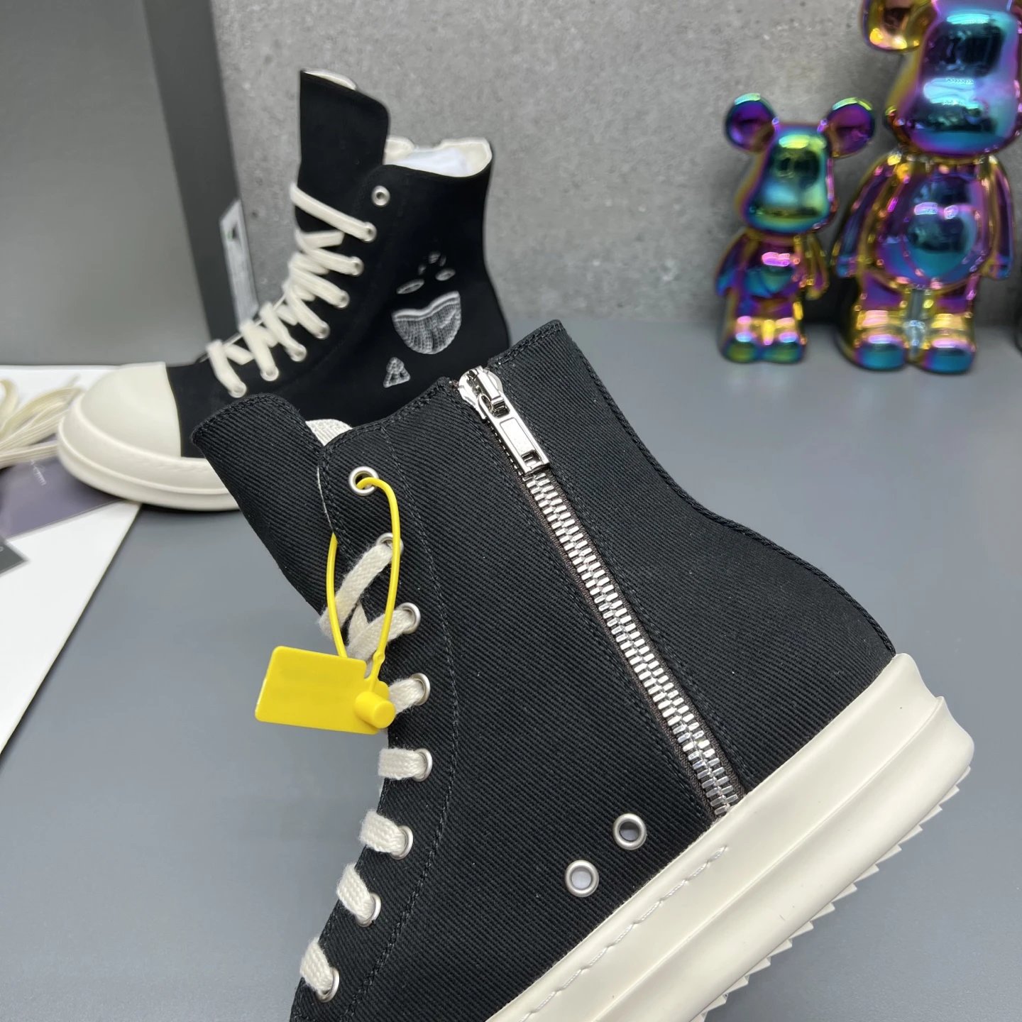 Rick Owens Casual High-Top Sneakers Black White - Gallery Image 7 - Detailed View