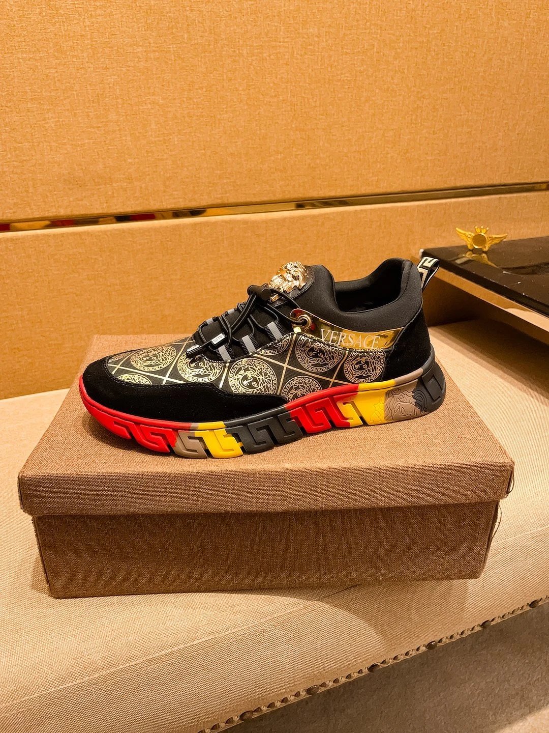 Baroque Leather Sneakers Black Gold Red - Gallery Image 6 - Detailed View