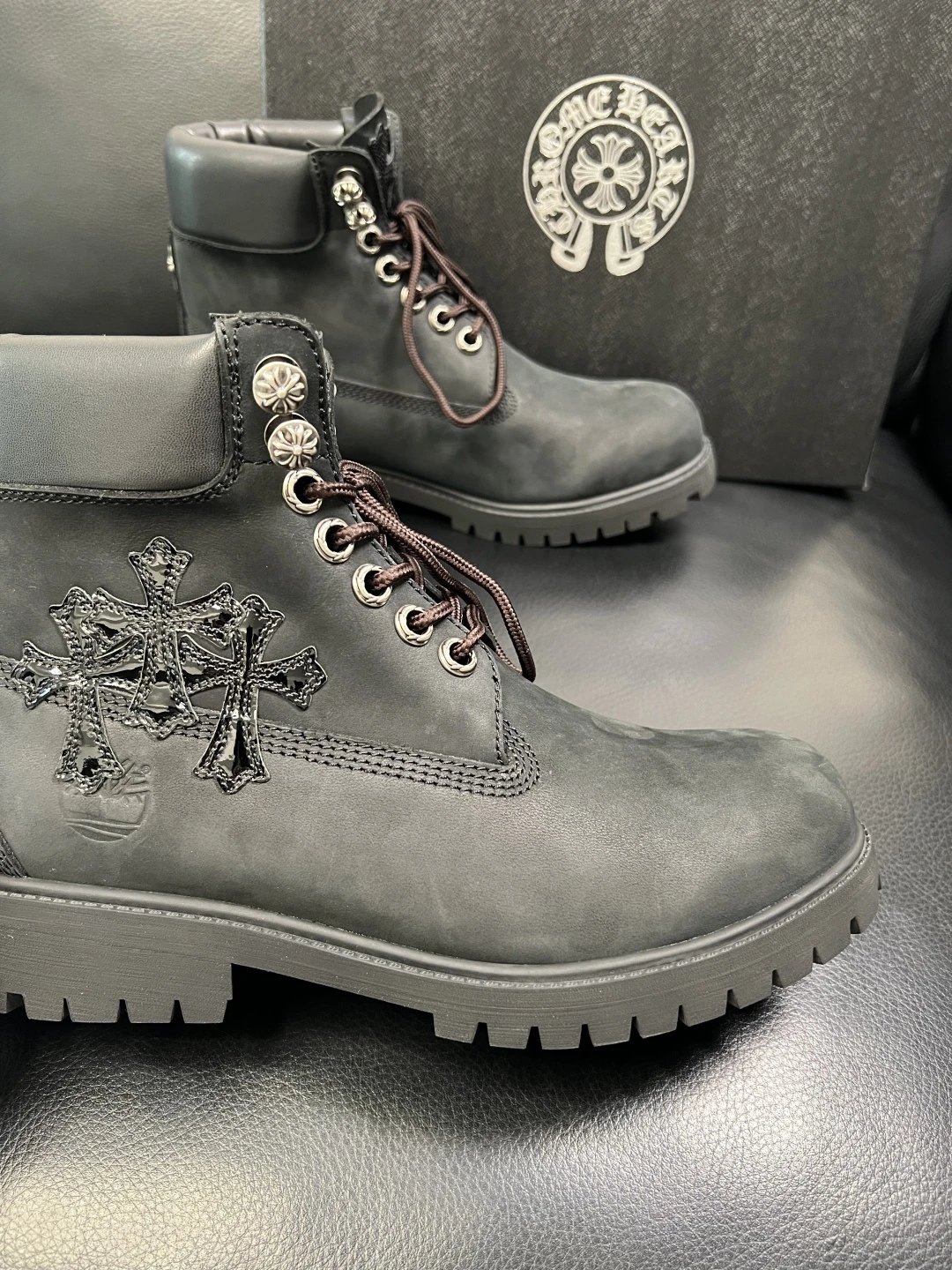 Italian Leather Combat Boots Ebony Black - Gallery Image 6 - Detailed View