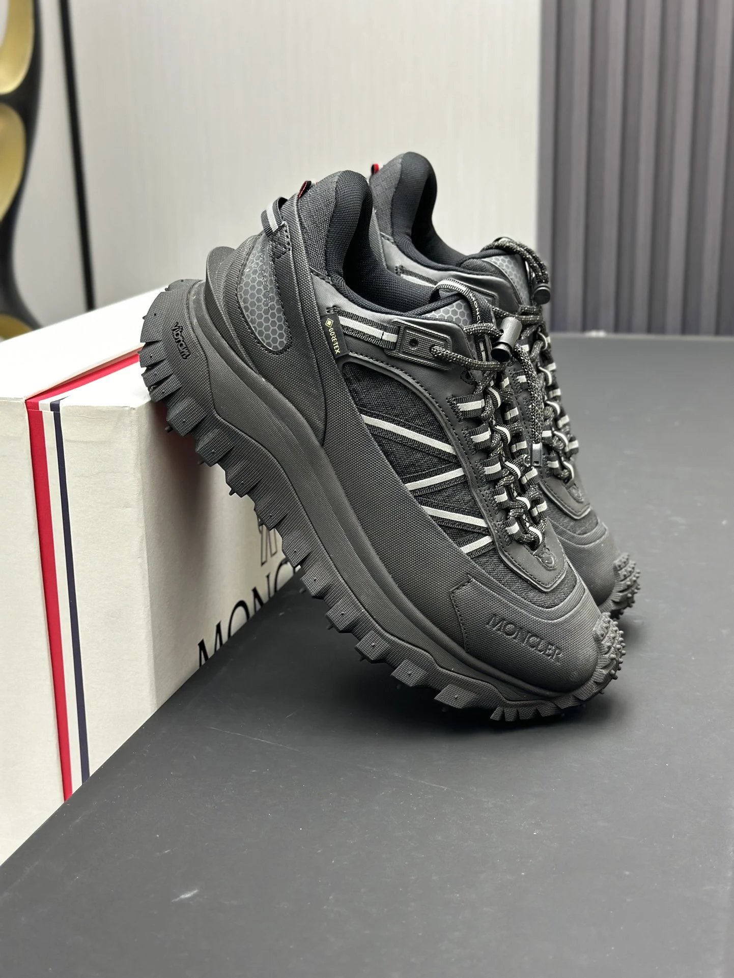 Moncler Trailgrip GTX Black Sneakers White Stripes - Gallery Image 5 - Detailed View