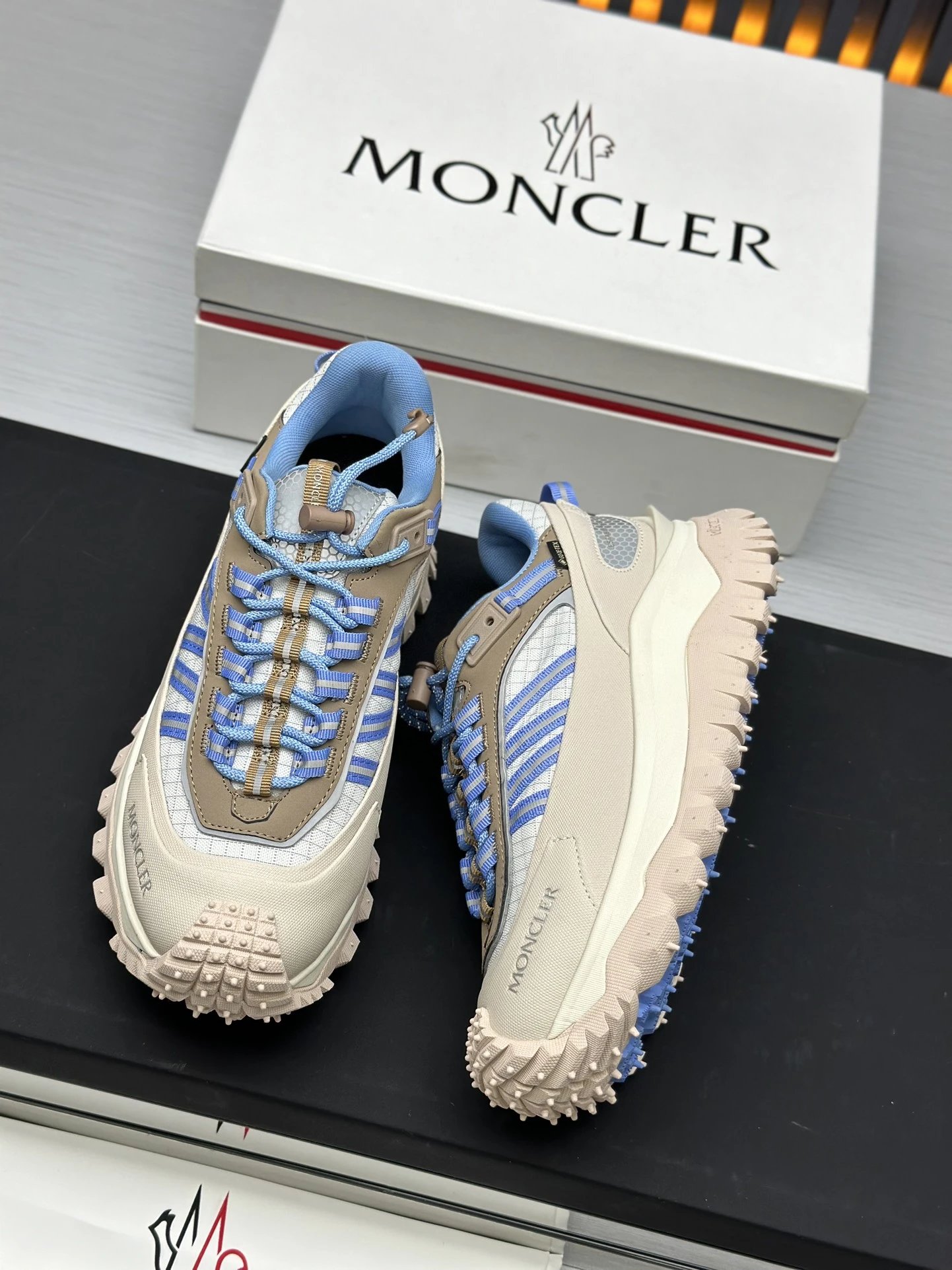 Moncler Trailgrip GTX Beige Sneakers Blue Stripes - Gallery Image 8 - Detailed View