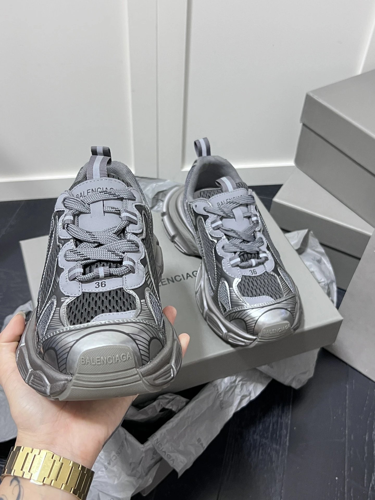 Retro Chunky Dad Sneakers Mesh Leather Sole Pewter Grey - Gallery Image 3 - Detailed View