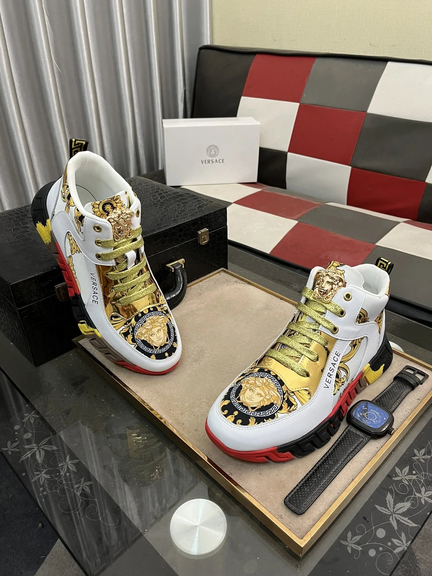 Luxury Leather High Top Sneakers Baroque Gold - Gallery Image 3 - Detailed View