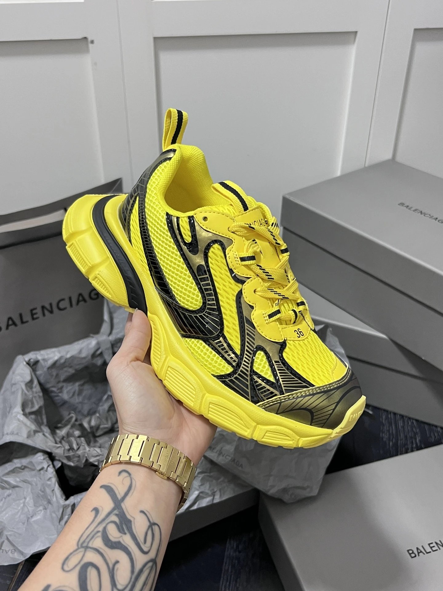 Retro Chunky Mesh Dad Sneakers with Tire Sole Neon Yellow - Balenciaga - Cnfans - $49.68