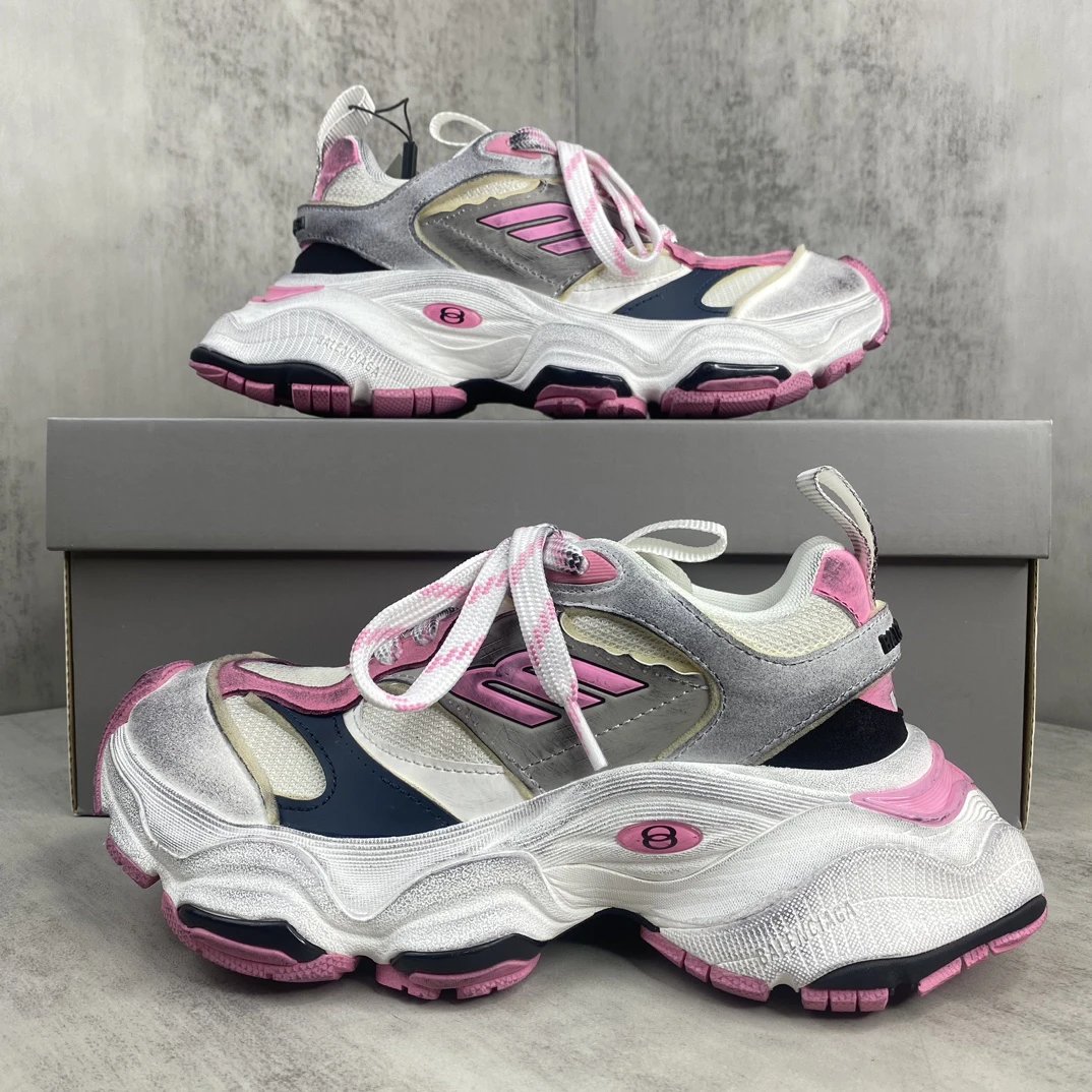 Chunky Retro Cargo Sneakers Mesh Leather Pink Silver - Gallery Image 9 - Detailed View