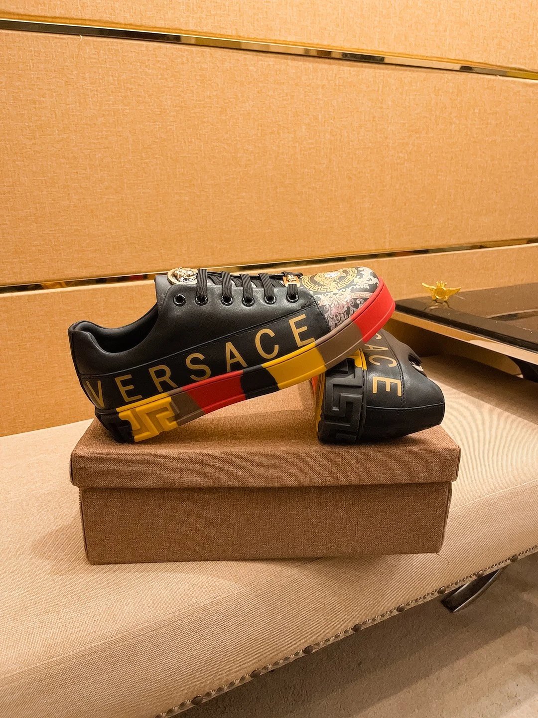 Luxury Leather Sneakers Retro Baroque Black Gold - Gallery Image 2 - Detailed View