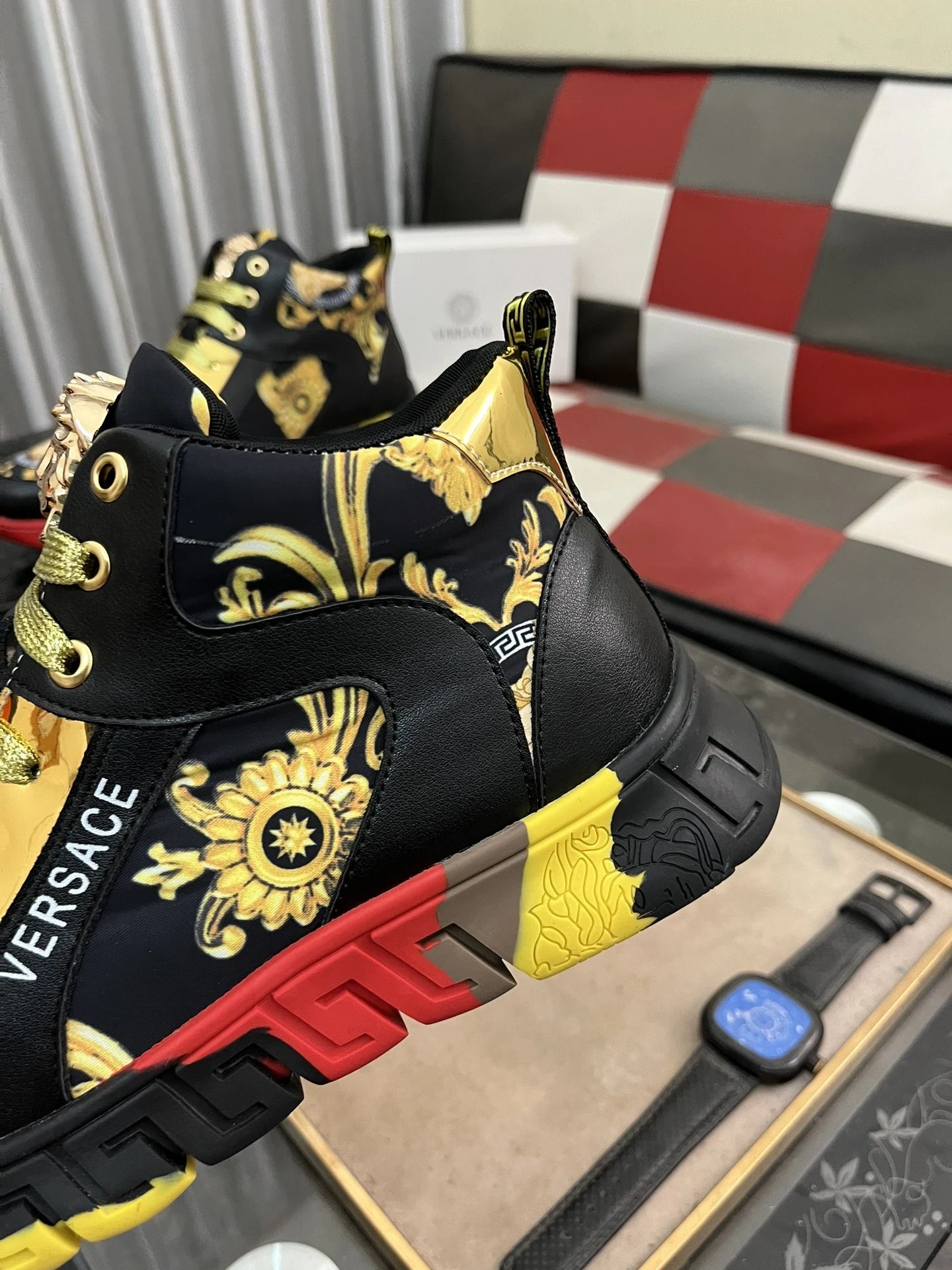 Luxury Leather Medusa Sneakers High Top Black Gold - Gallery Image 7 - Detailed View