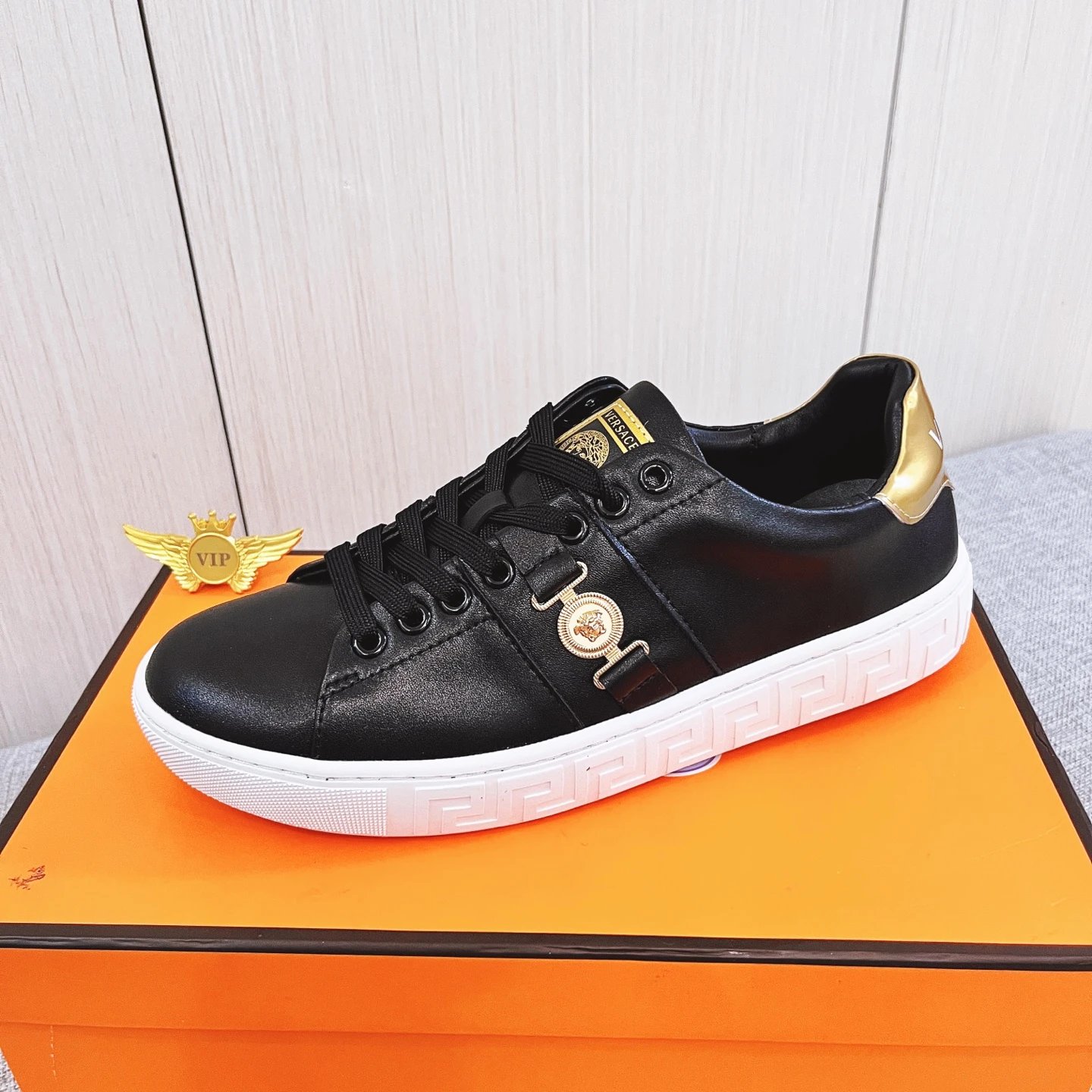 Luxury Leather Sneakers Gold Black - Versace - Cnfans - $54.84