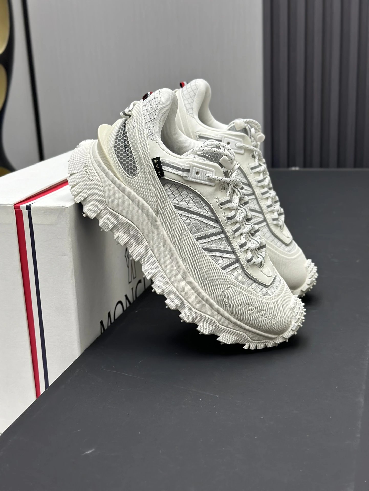 Moncler Trailgrip GTX White Sneakers Grey Stripes - Gallery Image 5 - Detailed View