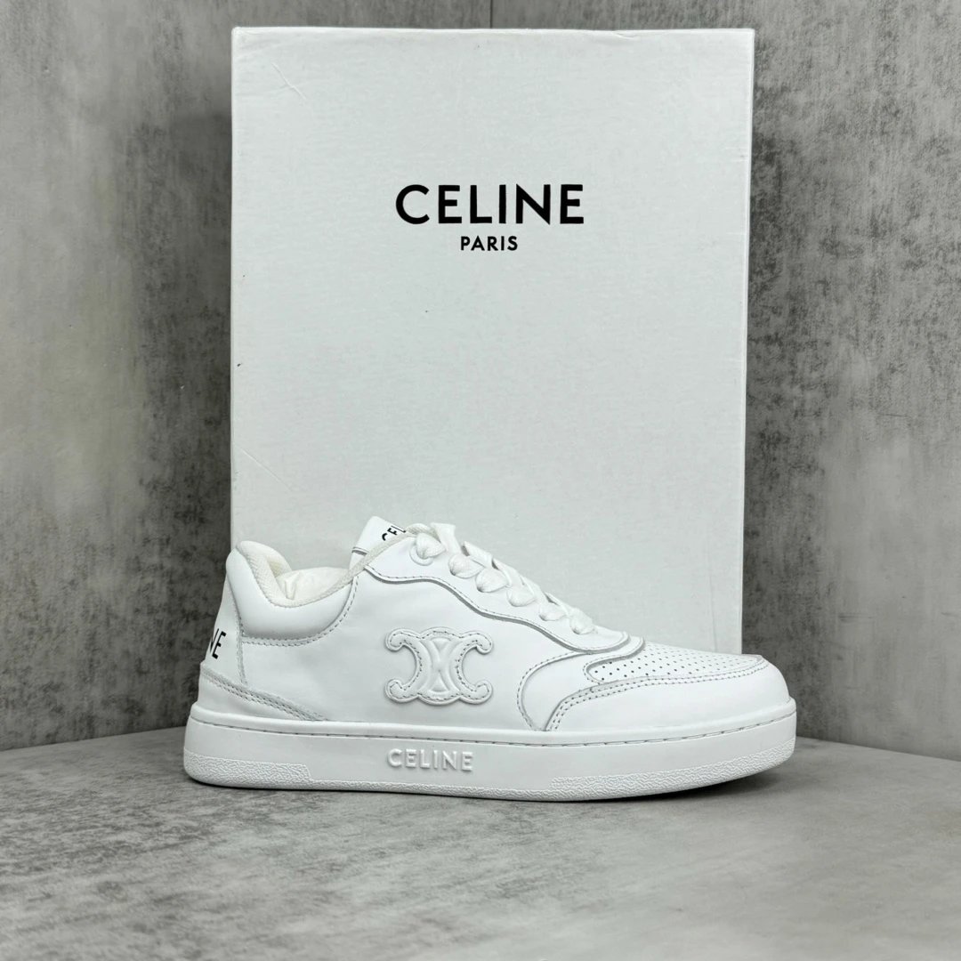 Low Top Leather Runner Sneakers with Arch Logo in Pure White - Gallery Image 1 - Detailed View