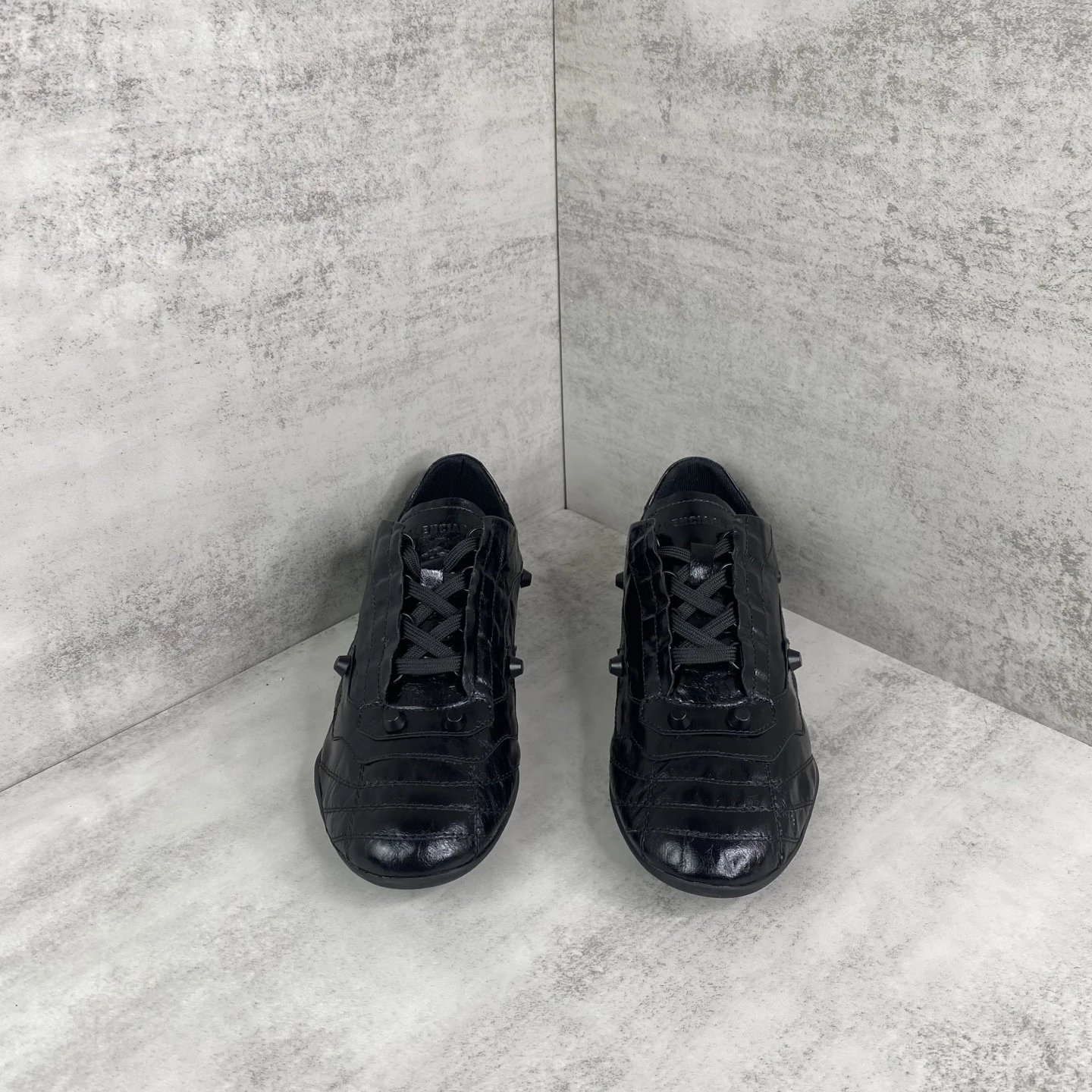 Punk Style Leather Lace-Up Shoes with Metal Studs Jet Black - Gallery Image 4 - Detailed View