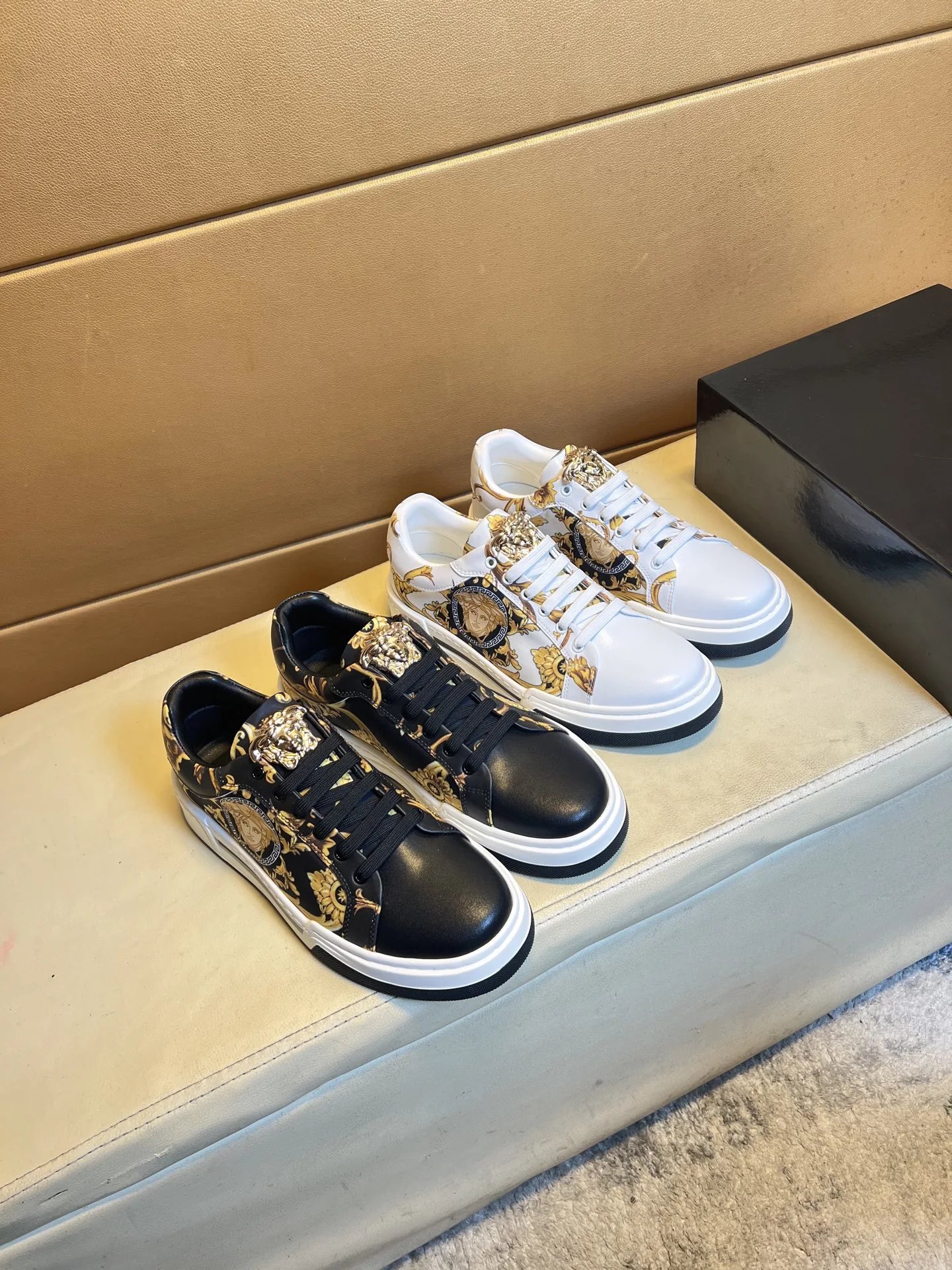 Baroque Leather Low Top Sneakers with Gold Black - Gallery Image 9 - Detailed View