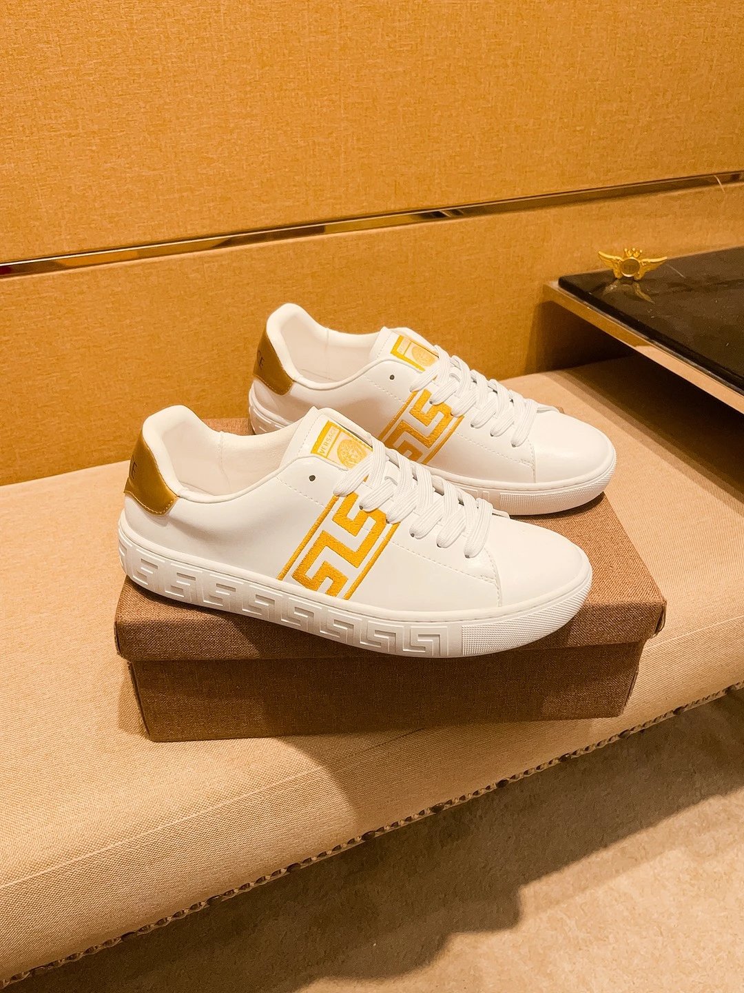 Luxury Leather Sneakers Greek Pattern White Gold - Gallery Image 1 - Detailed View