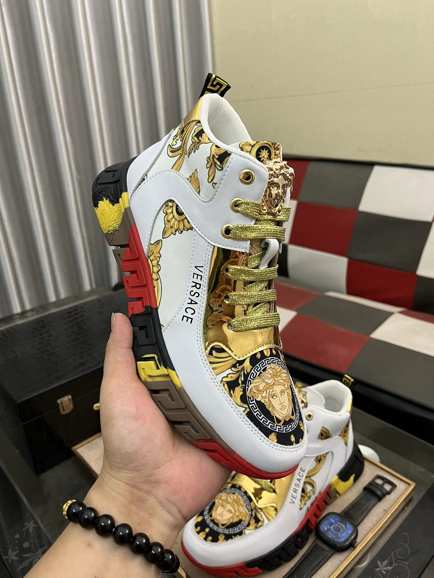 Luxury Leather High Top Sneakers Baroque Gold - Gallery Image 4 - Detailed View