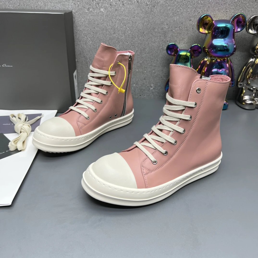 Rick Owens Leather High-Top Sneakers Pink - Gallery Image 2 - Detailed View