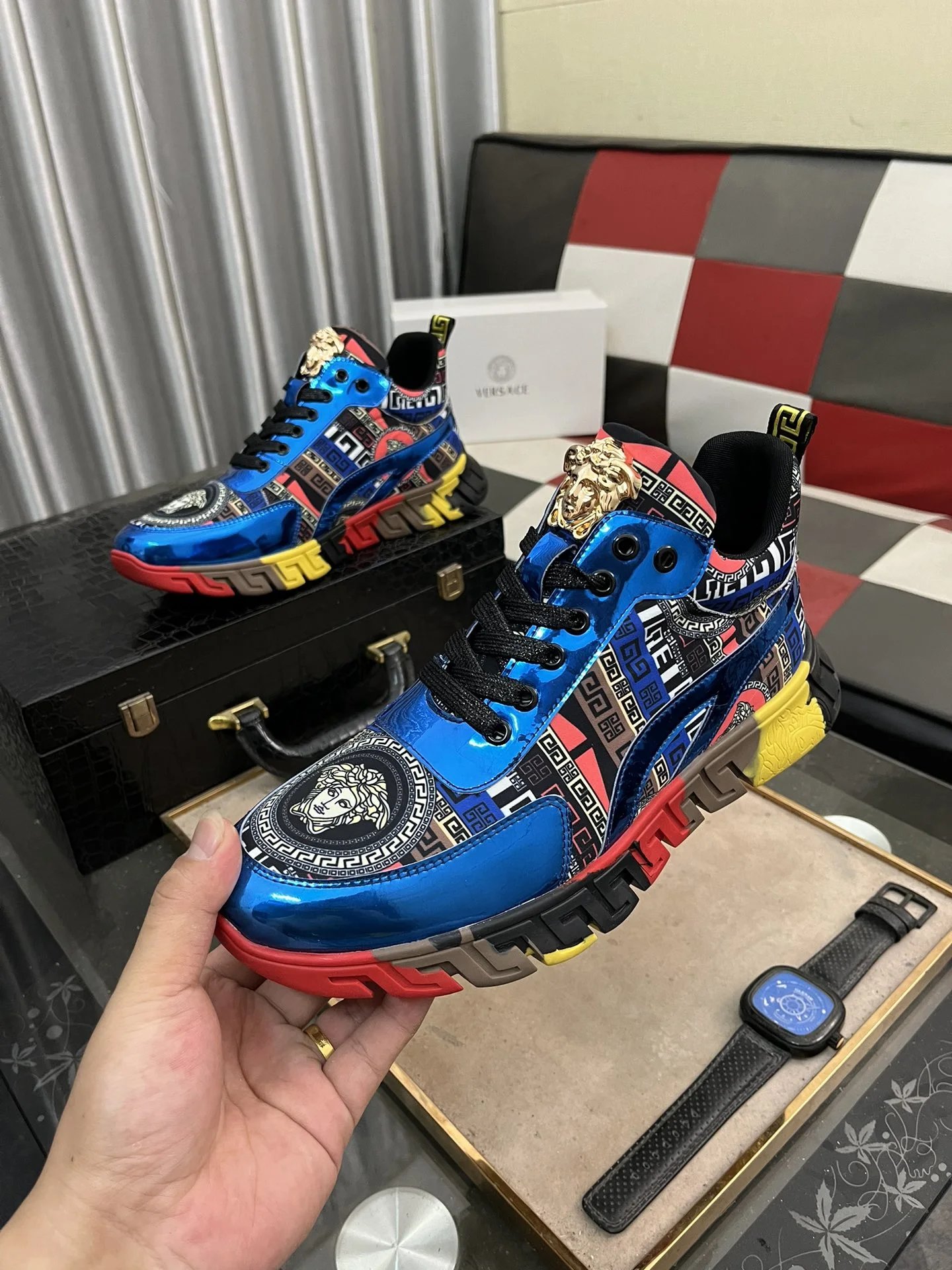 Luxury Leather Sneakers Multi-Color Blue - Gallery Image 5 - Detailed View