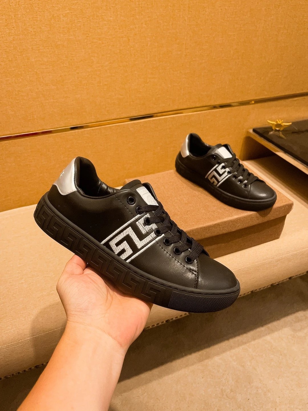 Luxury Leather Sneakers Greek Key Black Silver - Gallery Image 3 - Detailed View