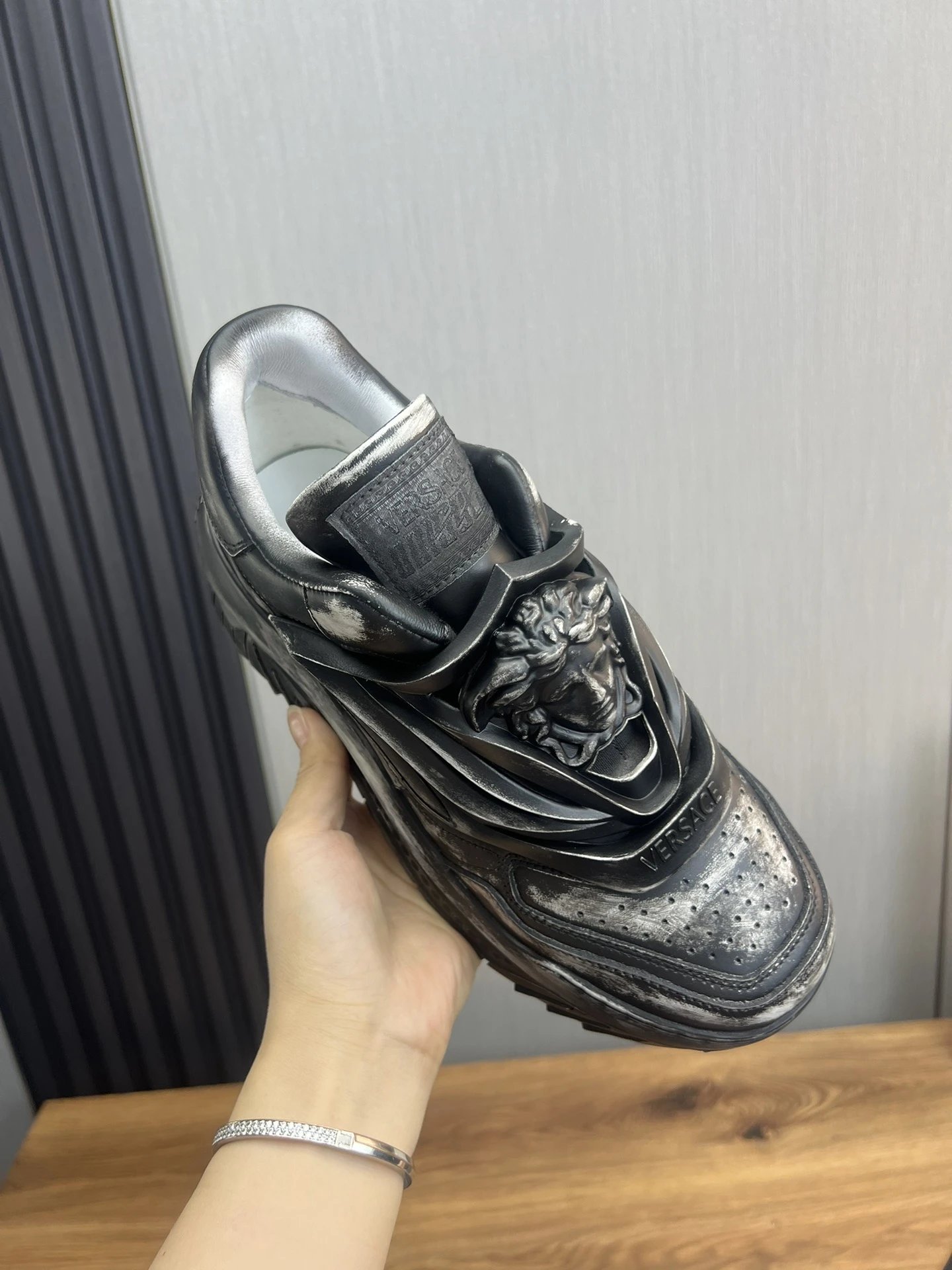 Luxury Leather Chunky Sneakers Charcoal Black - Gallery Image 7 - Detailed View