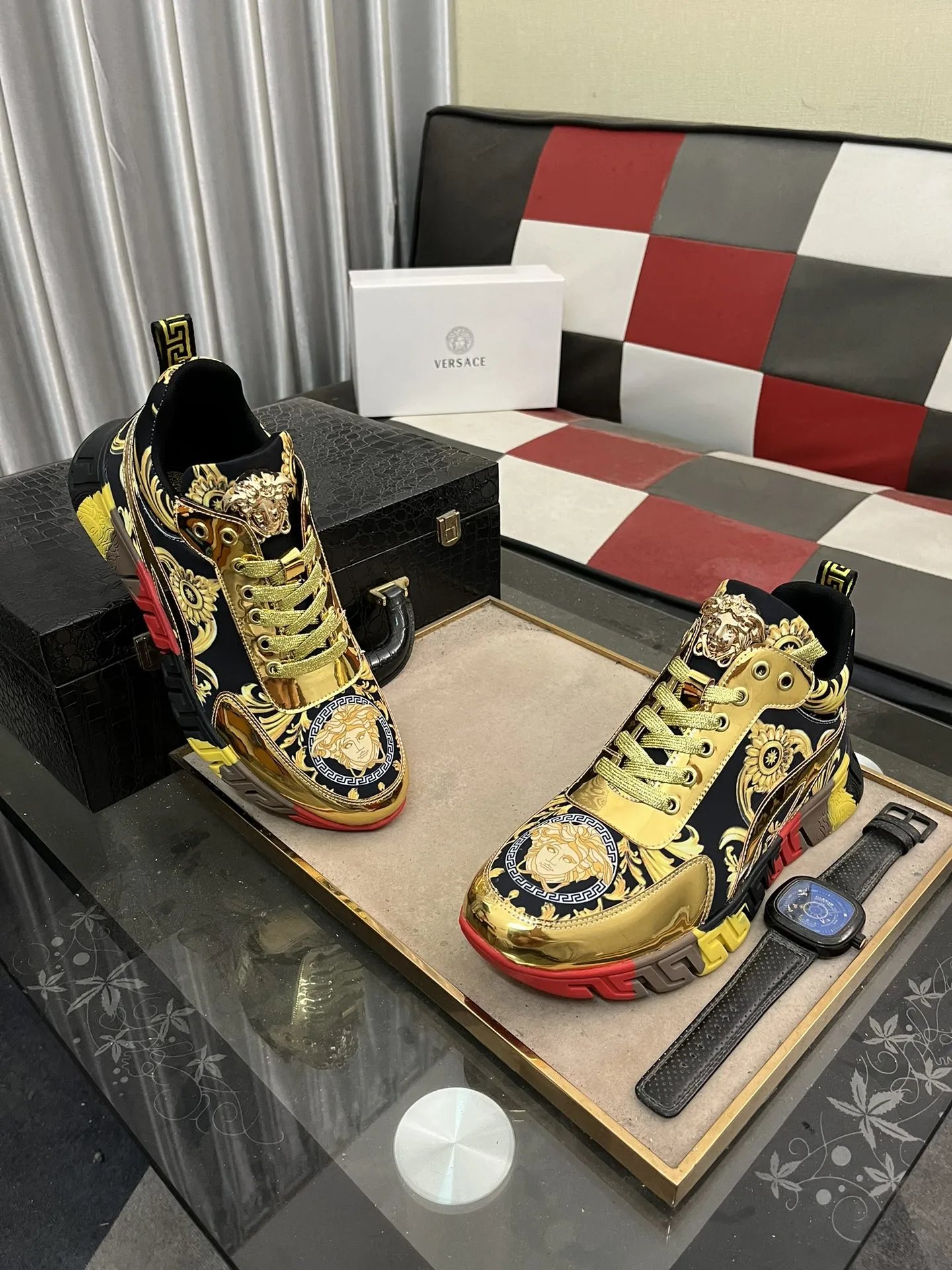 Luxury Leather Fashion Sneakers Baroque Gold - Gallery Image 3 - Detailed View