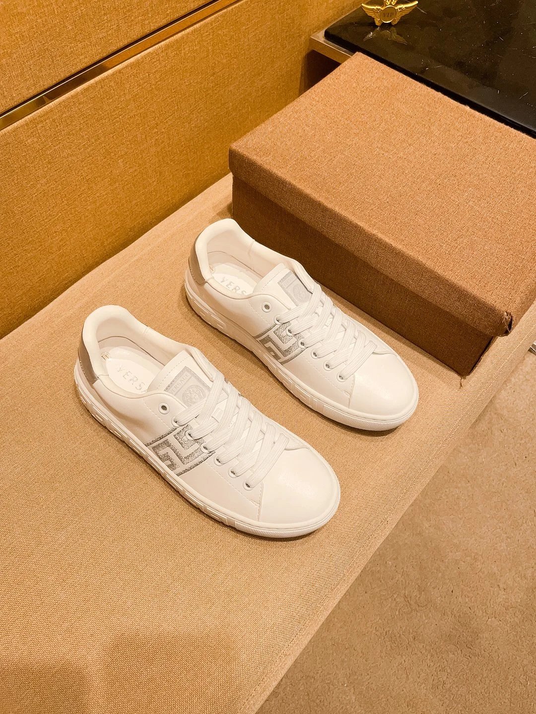 Luxury Leather Sneakers Greek Pattern Snow White - Gallery Image 5 - Detailed View