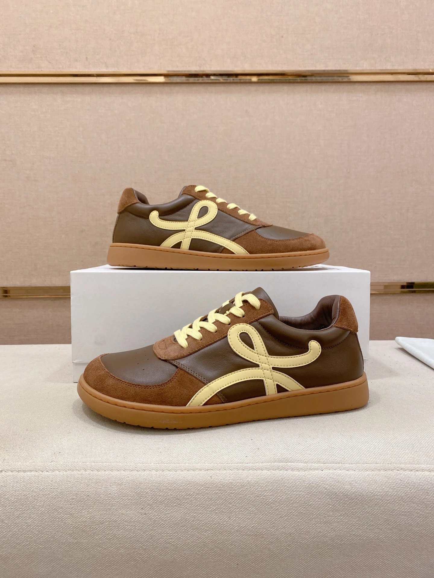 Loewe Brown Leather Sneakers Beige Accent - Gallery Image 7 - Detailed View