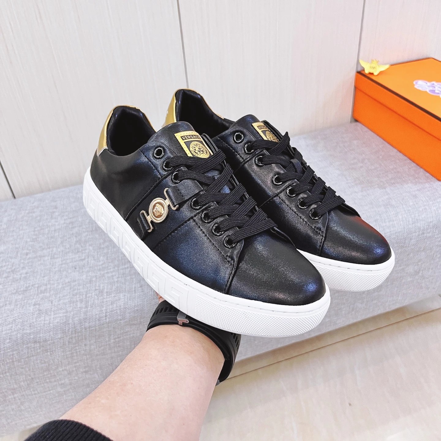 Luxury Leather Sneakers Gold Black - Gallery Image 5 - Detailed View