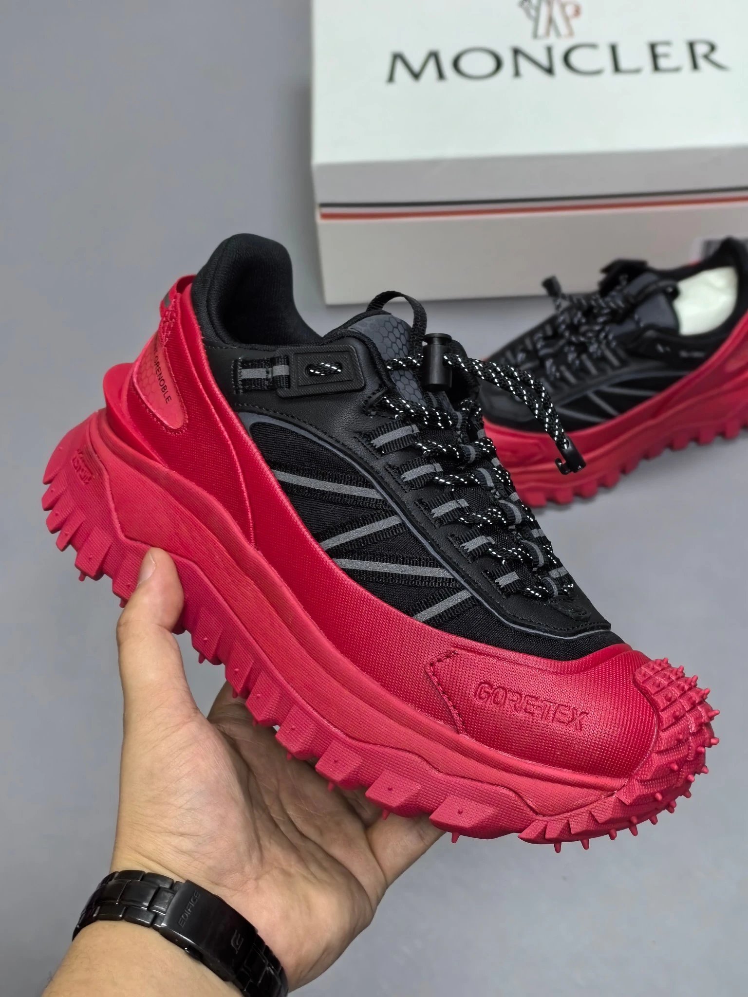 Moncler Trailgrip GTX Rubber Sneakers Black Red - Gallery Image 2 - Detailed View