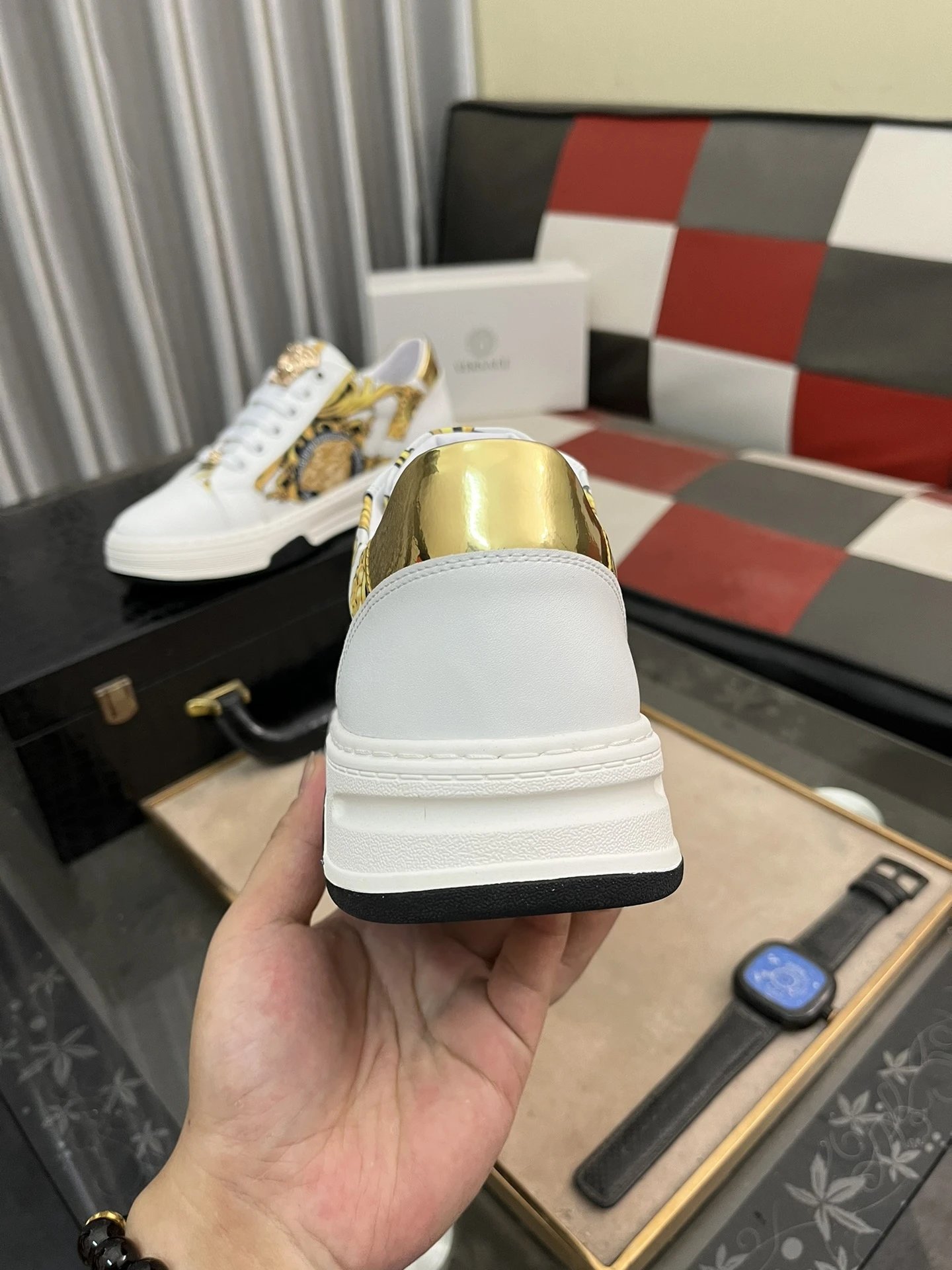 Luxury Leather Low Top Sneakers Baroque White Gold - Gallery Image 8 - Detailed View