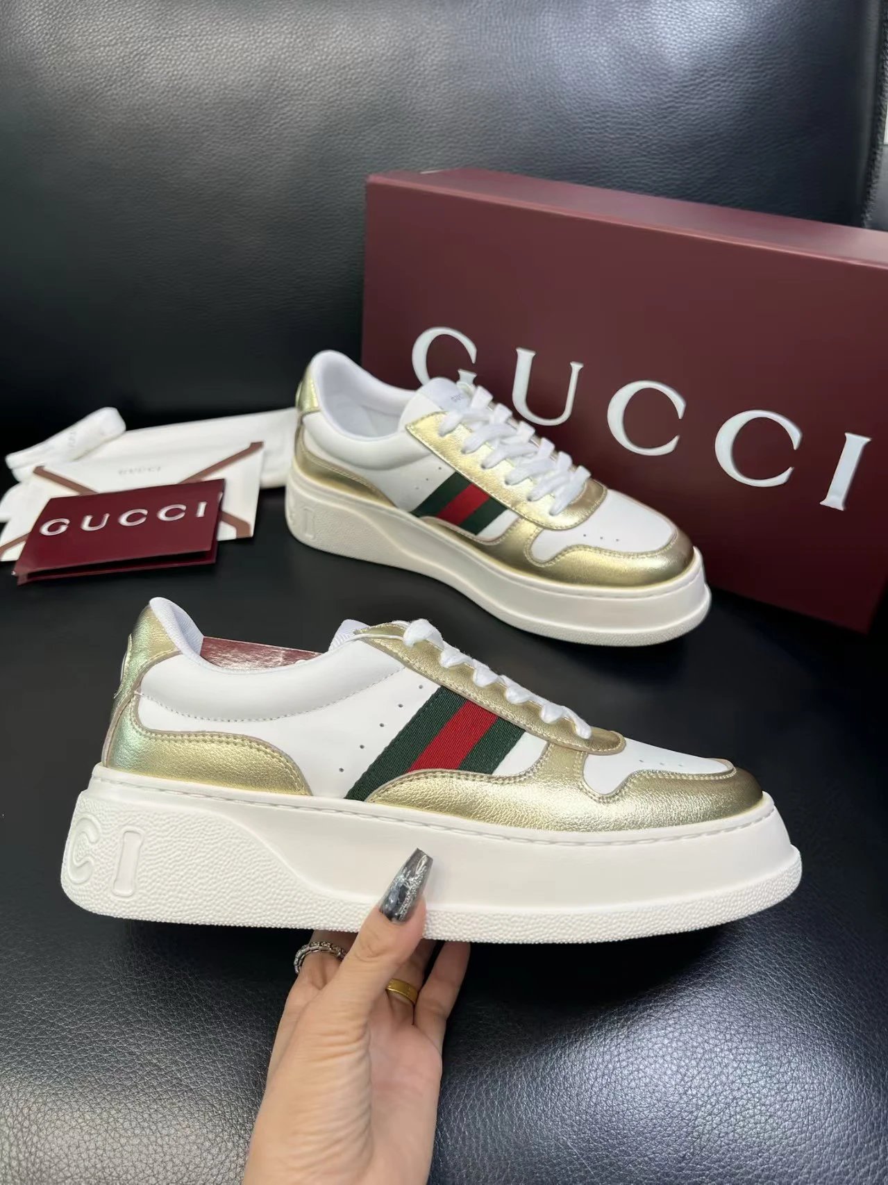 Gucci Men's Platform Sneakers Gold White - Gallery Image 4 - Detailed View