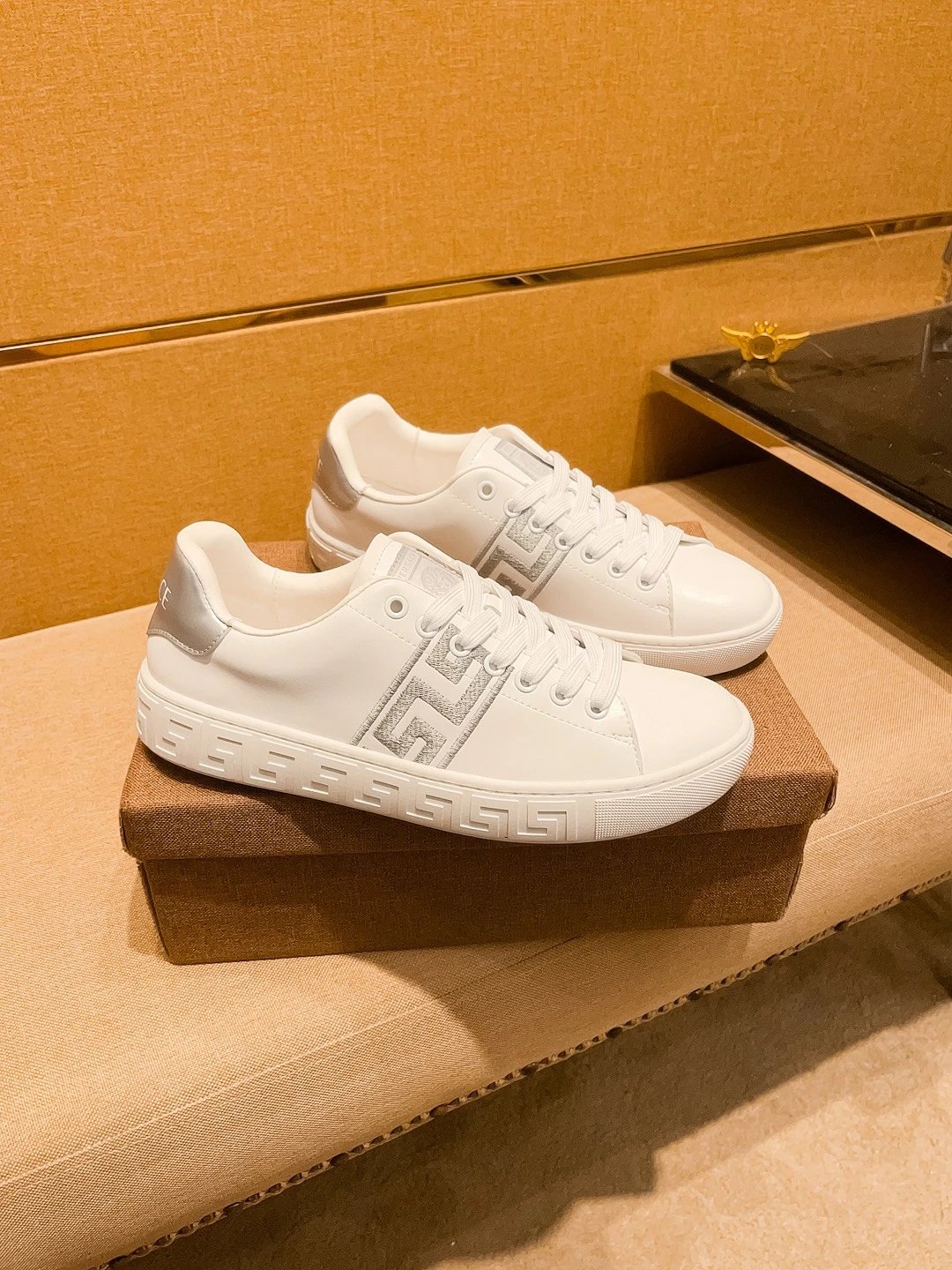 Luxury Leather Sneakers Greek Pattern Snow White - Gallery Image 1 - Detailed View