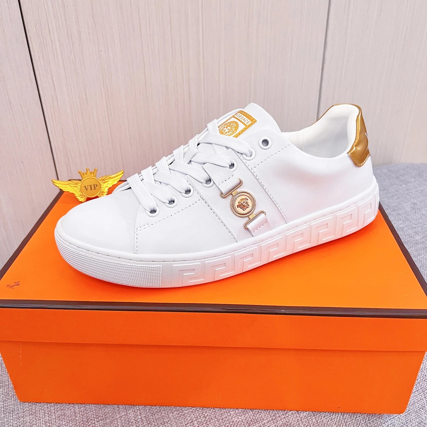 Luxury Leather Sneakers Gold White - Versace - Cnfans - $54.84