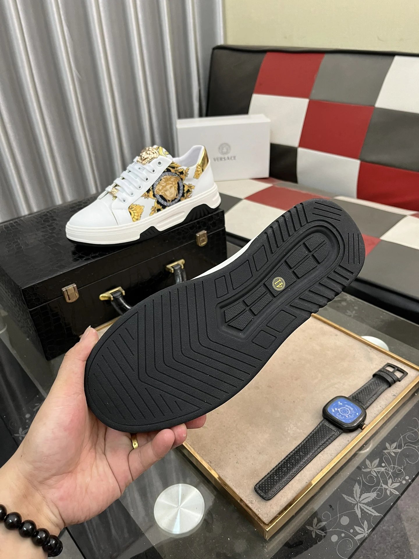 Luxury Leather Low Top Sneakers Baroque White Gold - Gallery Image 9 - Detailed View