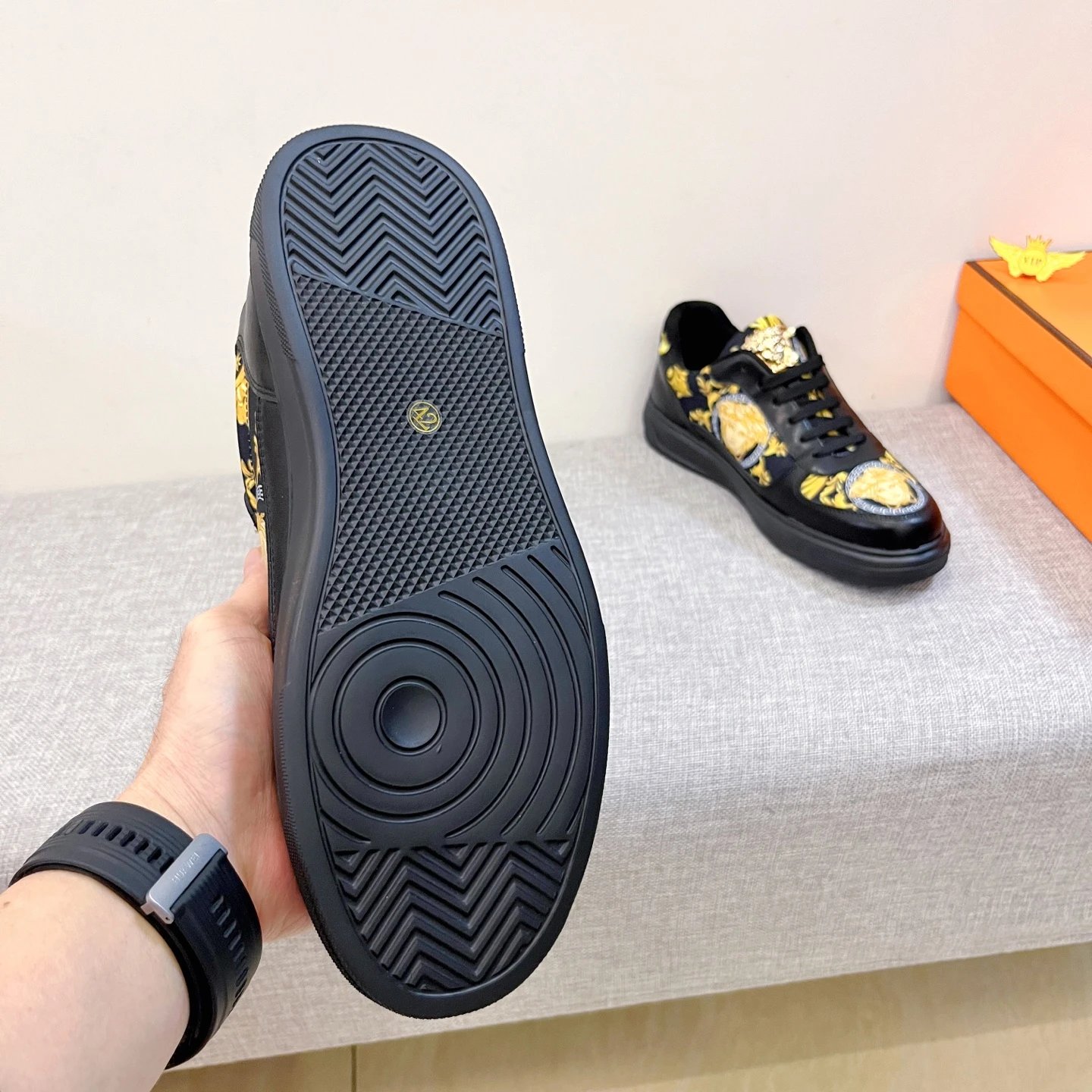 Baroque Leather Sneakers Black Gold with golden Baroque Medusa motifs - Gallery Image 8 - Detailed View