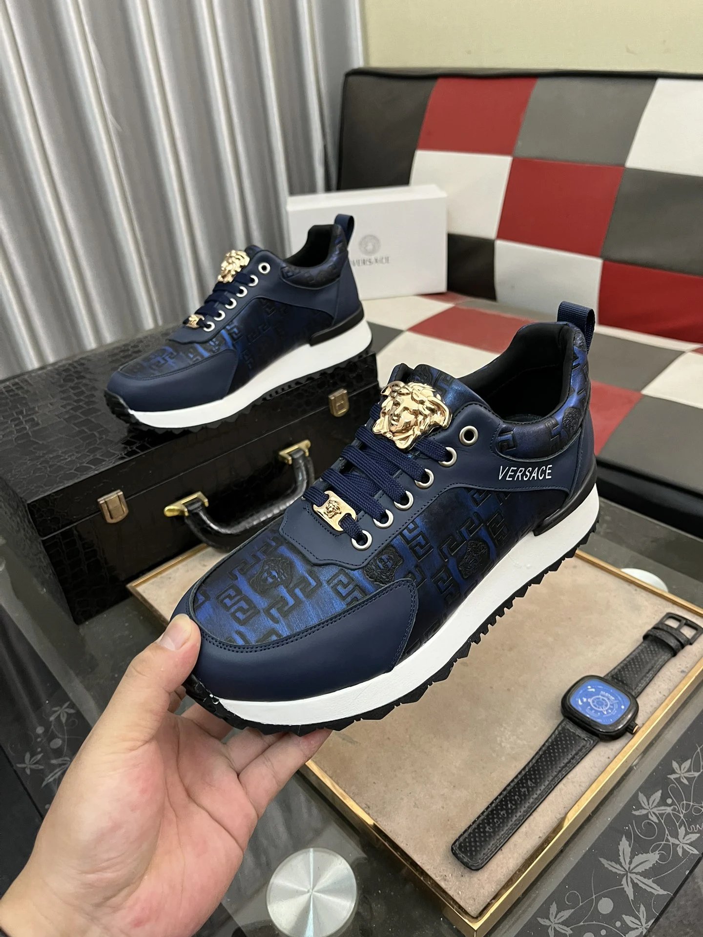 Luxury Leather Sneakers Navy Blue - Gallery Image 5 - Detailed View