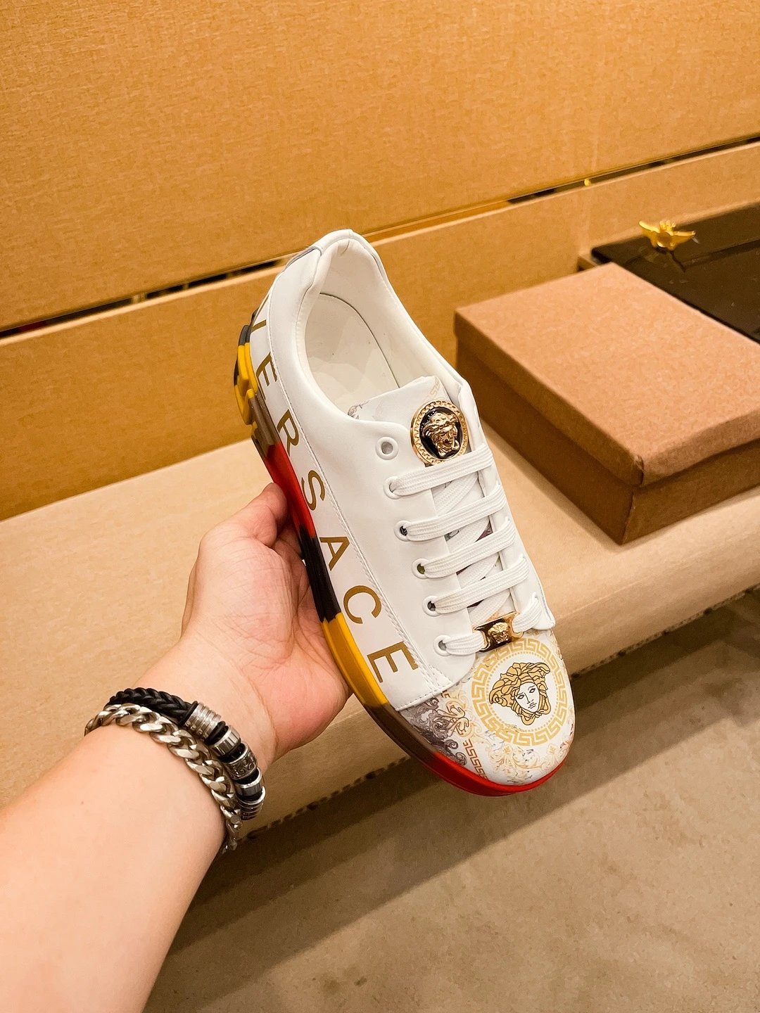 Luxury Leather Sneakers Multi-Tone Red Gold - Gallery Image 7 - Detailed View