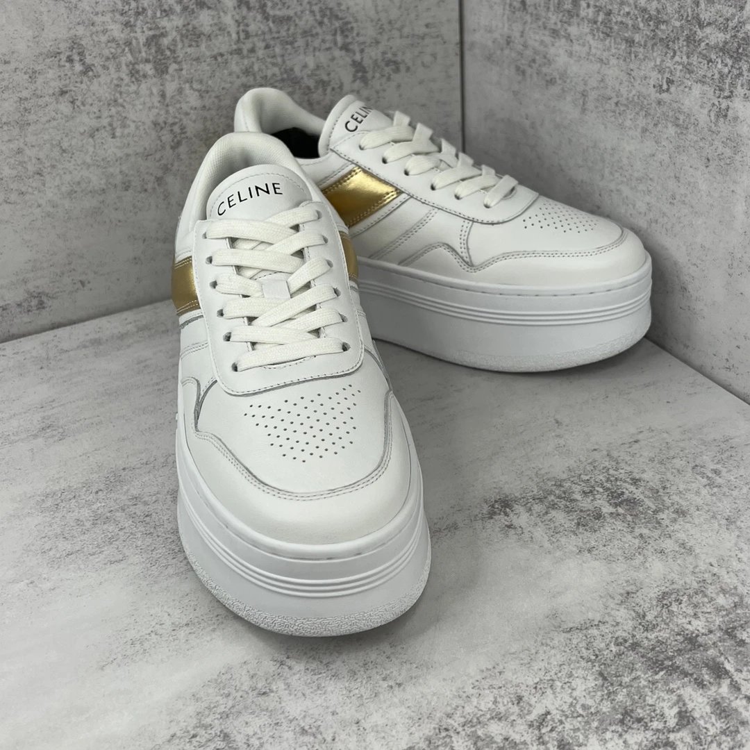 Platform Leather Sneakers Retro Chunky Sole in White Gold - Gallery Image 2 - Detailed View