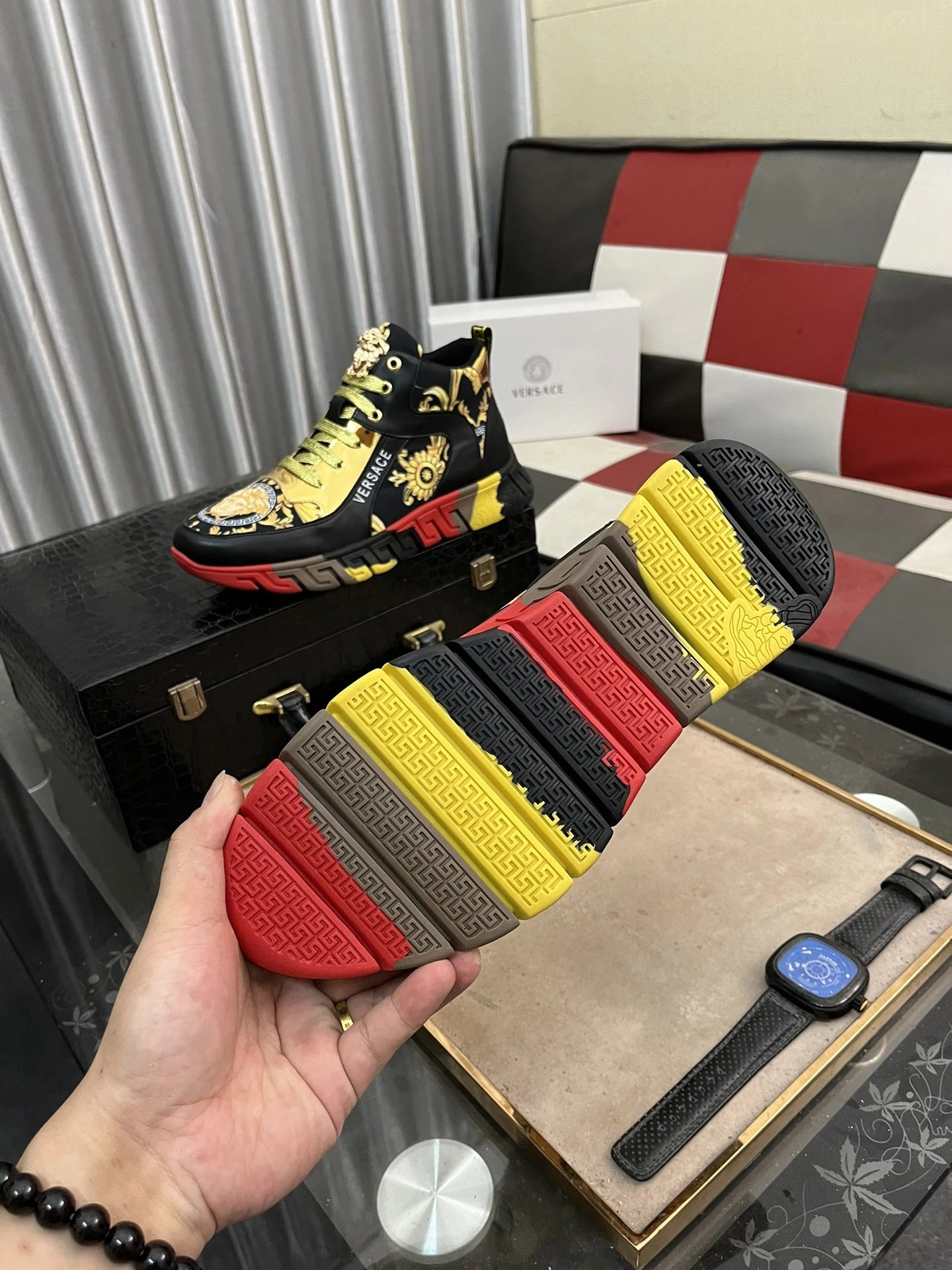 Luxury Leather Medusa Sneakers High Top Black Gold - Gallery Image 9 - Detailed View