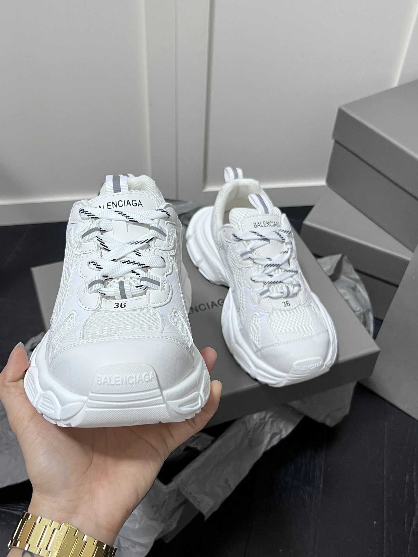 Chunky Dad Sneakers Leather Mesh Retro Sport Shoes Ivory - Gallery Image 3 - Detailed View