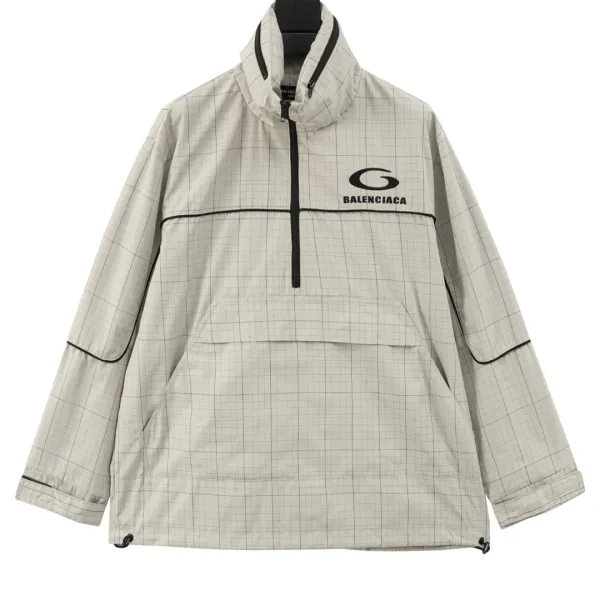 Balenciaga Grid-Print Half-Zip Windbreaker Beige Outerwear - 1