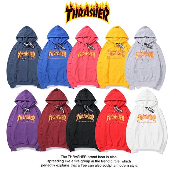 High quality THRASHER flame hooded sweatshirt for men and women, autumn and winter pure cotton looped thin hip-hop hoodie, street trend loose and plush thick printed logo versatile casual jacket