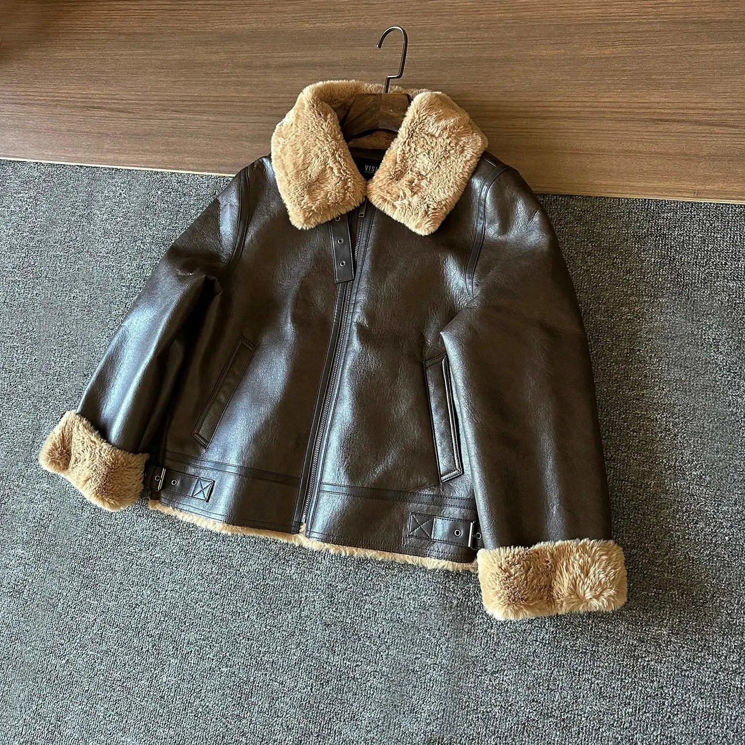 GZ retro coffee colored fur integrated pilot jacket jacket