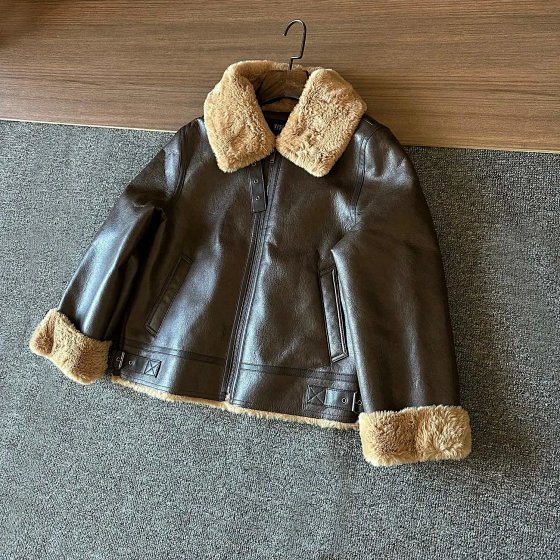 GZ retro coffee colored fur integrated pilot jacket jacket